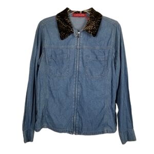 Vintage Denim Faux Fur Collar Cheetah Shirt Jacket Womens Medium Chambray Zipper